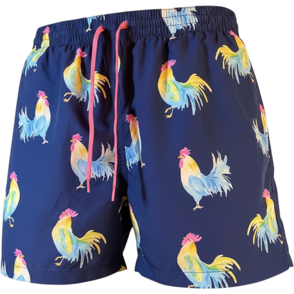 Chubbies Mens Navy Blue Rooster Print Swim Trunks Pink Drawstring Shorts 5.5in